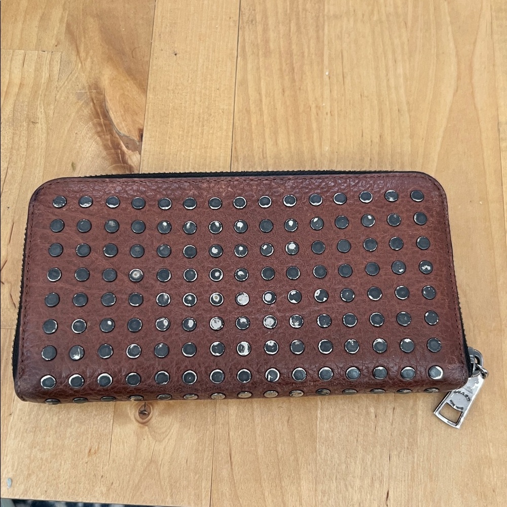 Coach Leather Brown Accordion Zip Wallet with Rivets